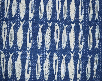 New Hand block Print Fish Print Kantha Quilt Indian Kantha quilt Kantha Bedspread Kantha Blanket Gudari Queen And Twin Size Kantha
