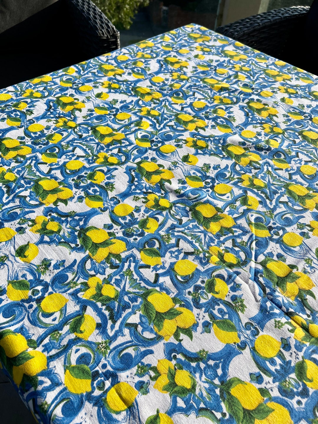 Sicilian Lemon Tablecloth Blue Majolica Tiles Large Rectangle