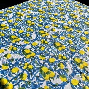 Sicilian Lemon Tablecloth | Blue Majolica Tiles | Large Rectangle Tablecloth | Italian Design