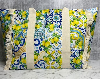 Majolica Lemon Tile Print Beach Bag | Italian Oversized Bag | Sicilian Print Bag