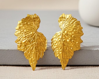 Gold Leaf Stud Earrings | Textured Botanical Jewelry Gift