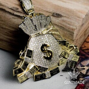 Money Bag Pendant with Dollar Sign – Iced Out Gold & Diamond Simulated Hip Hop Necklace | Statement Jewelry for Men