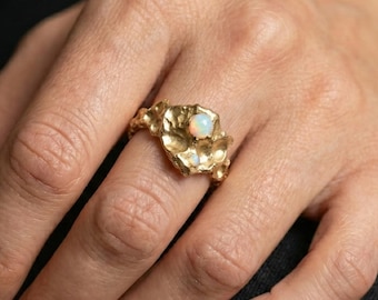 Handmade Natural Opal Ring, Molten Gold Organic Statement Ring.