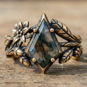 Bague en agate mousse taillée comme un cerf-volant | Bague de fiançailles florale or/argent inspirée de la nature | Bague de promesse unique en forme de brindille | Bijoux de la forêt des sorcières