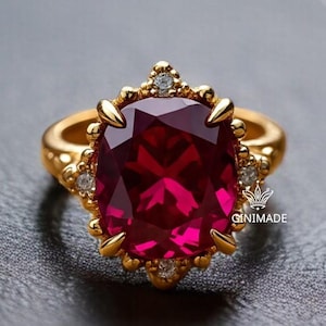 Lab-Grown Ruby Ring in 18K Gold | Vintage Halo Red Gemstone Ring | July Birthstone Engagement Ring | Elegant Statement Jewelry Gift