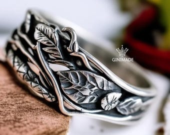 Leaf Branch Ring Antique Silver | Nature Inspired Adjustable Band | Boho Botanical Jewelry