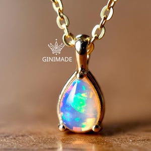 Tiny Opal Gold Necklace – Dainty October Birthstone Pear Pendant, Minimalist Opal Jewelry, Bridesmaid Gift, Birthday Gift for Her.