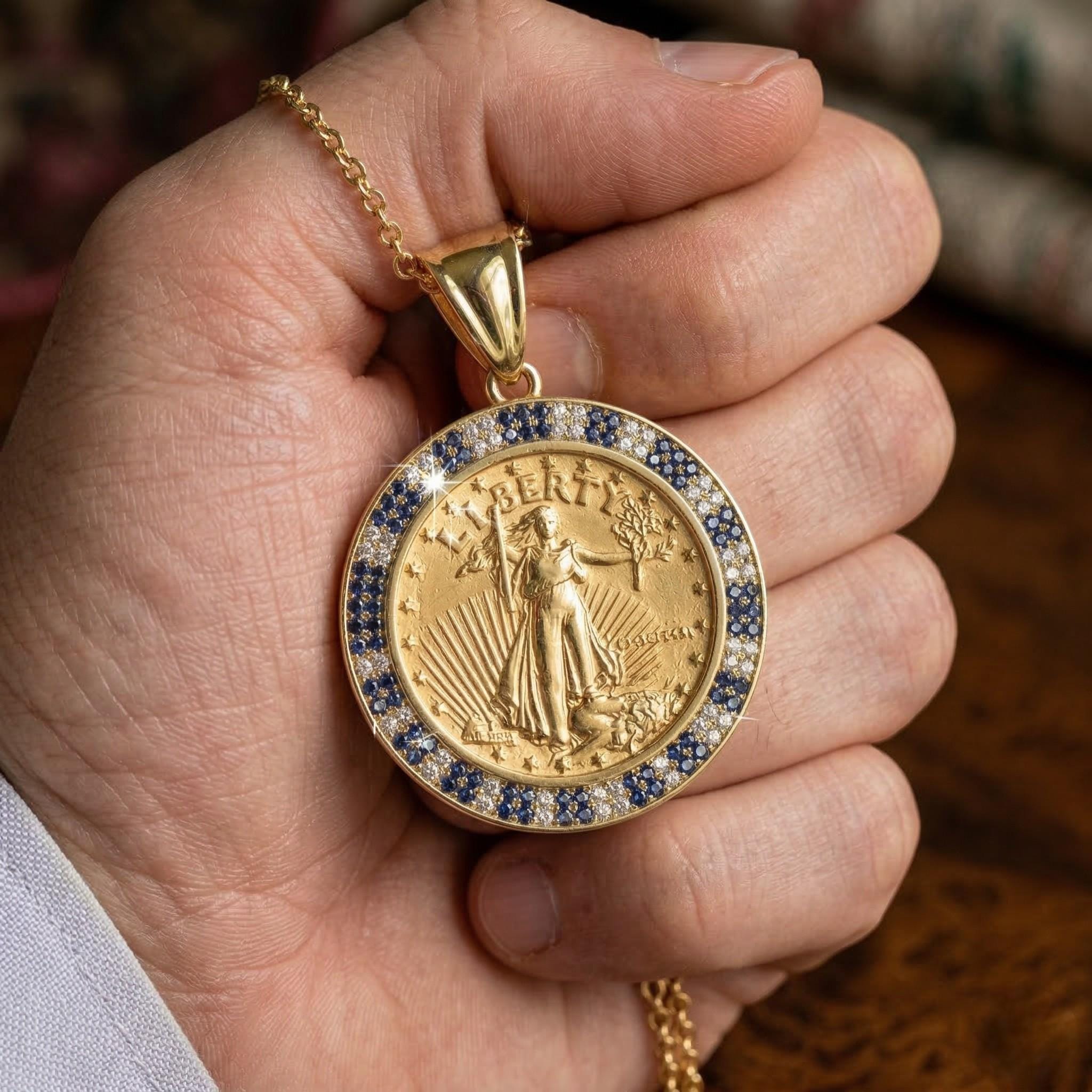 Liberty Coin Pendant Necklace, Lady Liberty Gold Medallion