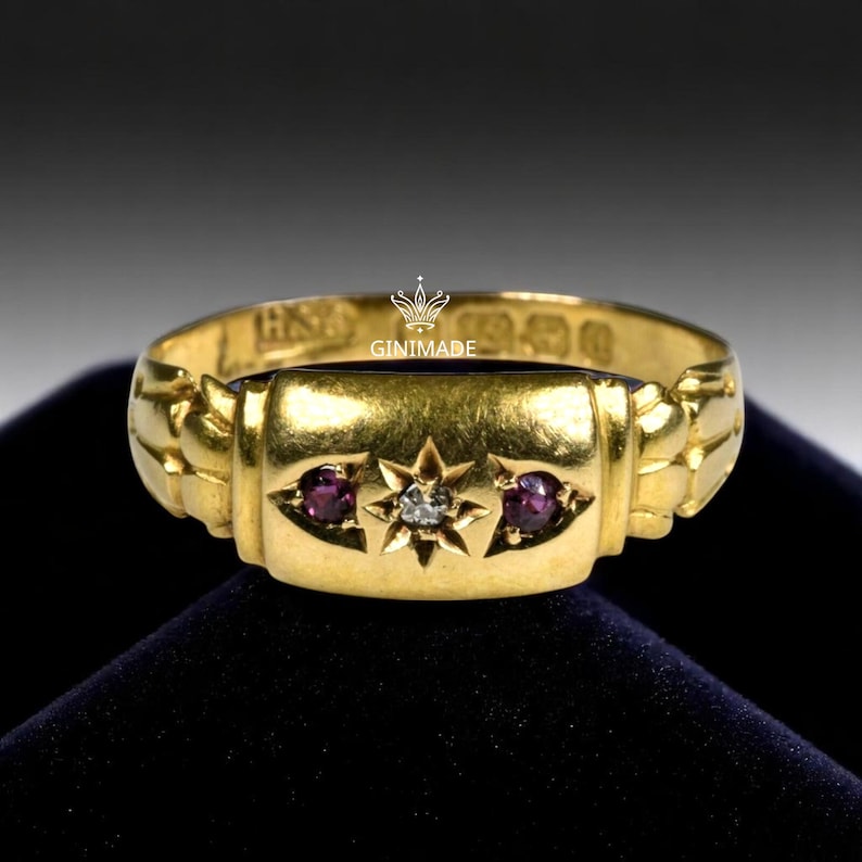 Victorian Starburst Pinky Ring | CZ Diamond & Ruby, Gold-Toned image 10