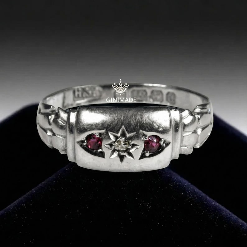 Victorian Starburst Pinky Ring | CZ Diamond & Ruby, Gold-Toned image 15