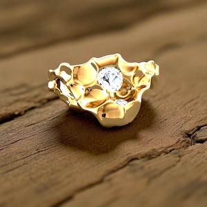 Organic Gold Nugget Ring with CZ Diamonds | Unique 18K Gold Textured Statement Ring | Modern Art Jewelry | Handmade Bold Engagement Ring