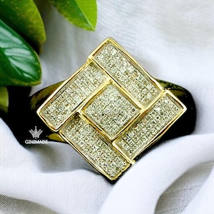 Men’s Iced Out 925 Silver Ring | 18K Gold Plated Statement Ring | Hip Hop Square Diamond Ring | Urban Bling Jewelry | Gift for Him