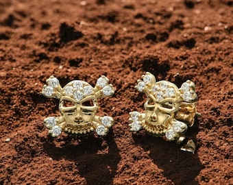 Örhängen med dödskalle i guld – CZ-diamant Punk-smycken, Halloween-present