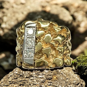 Gepersonaliseerde nuggetring – 925 sterlingzilveren statementring – getextureerde goud- en zilverkleurige band – unieke herensieraden – vaderdagcadeau