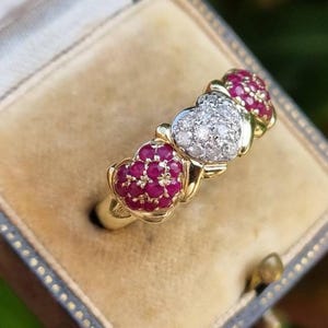 Vintage Ruby Diamond Heart Ring, 925 Sterling Silver