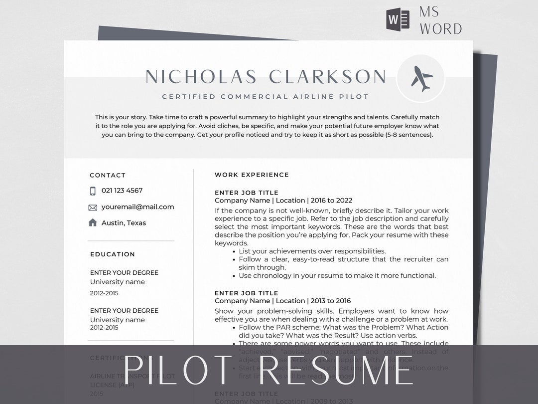 Airline Pilot Resume Template for Word, Modern Pilot Resume Template Airline Pilot Resume Template for Word, Modern Pilot Resume Template