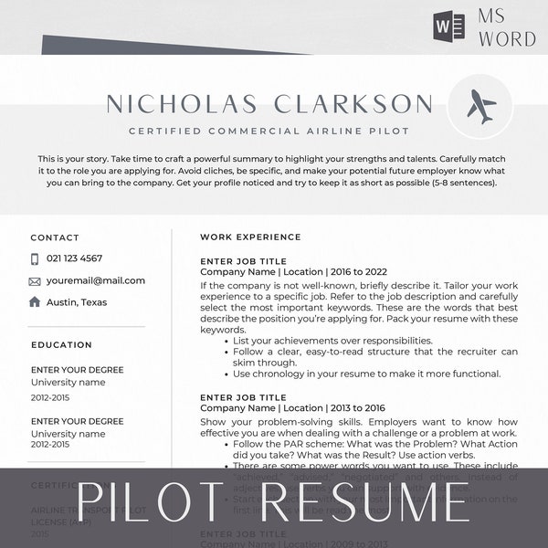 Airline Pilot Resume Template For Word, Modern Pilot Resume Template For Aviation, Airline Pilot Resume, CV Template Pilot, Aircraft CV