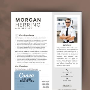 Plantilla de currículum de piloto Canva, currículum de aviación, carta de presentación y referencias de CV de aeronaves, currículum de aerolínea, solicitud de empleo de piloto moderno, CV de piloto