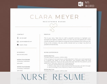 May include: A resume template for a registered nurse. The template includes sections for contact information, academic background, work experience, and a profile section. The resume is designed to be easy to read and scan.