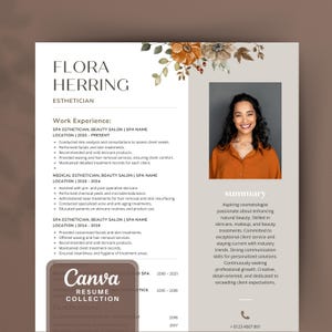 Plantilla de currículum de esteticista para Canva, linda colección de currículums para cosmetólogos, plantilla de CV floral, carta de presentación de cosmetología, tarjeta de presentación