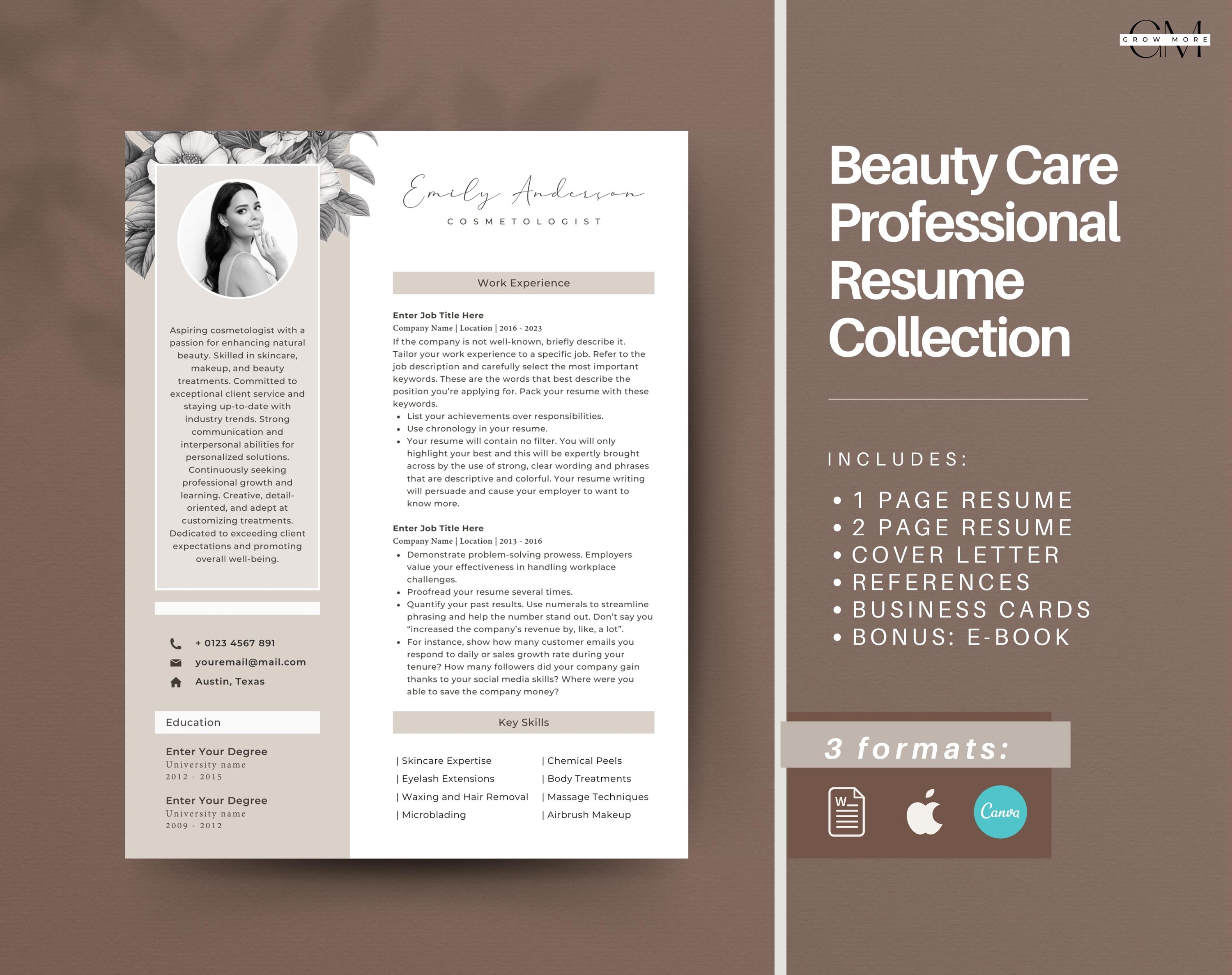 Esthetician Resume Template, Floral Cosmetology CV, Cover Letter (MS ...