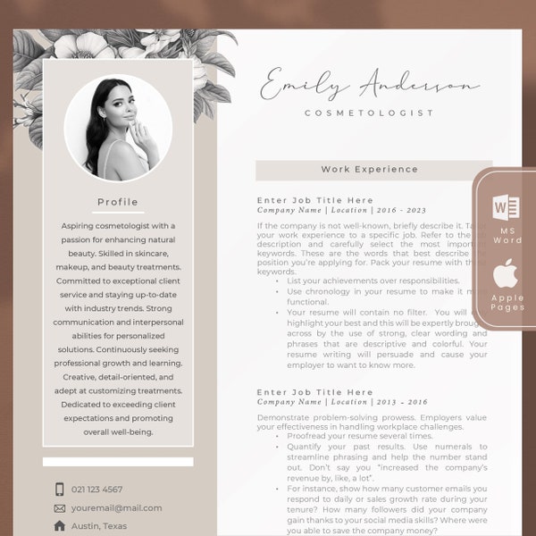 Esthetician Resume Template, Cosmetology Resume & Cover Letter, Floral CV Template, Cosmetologist, Hair Stylist, Hairdresser, Makeup Artist