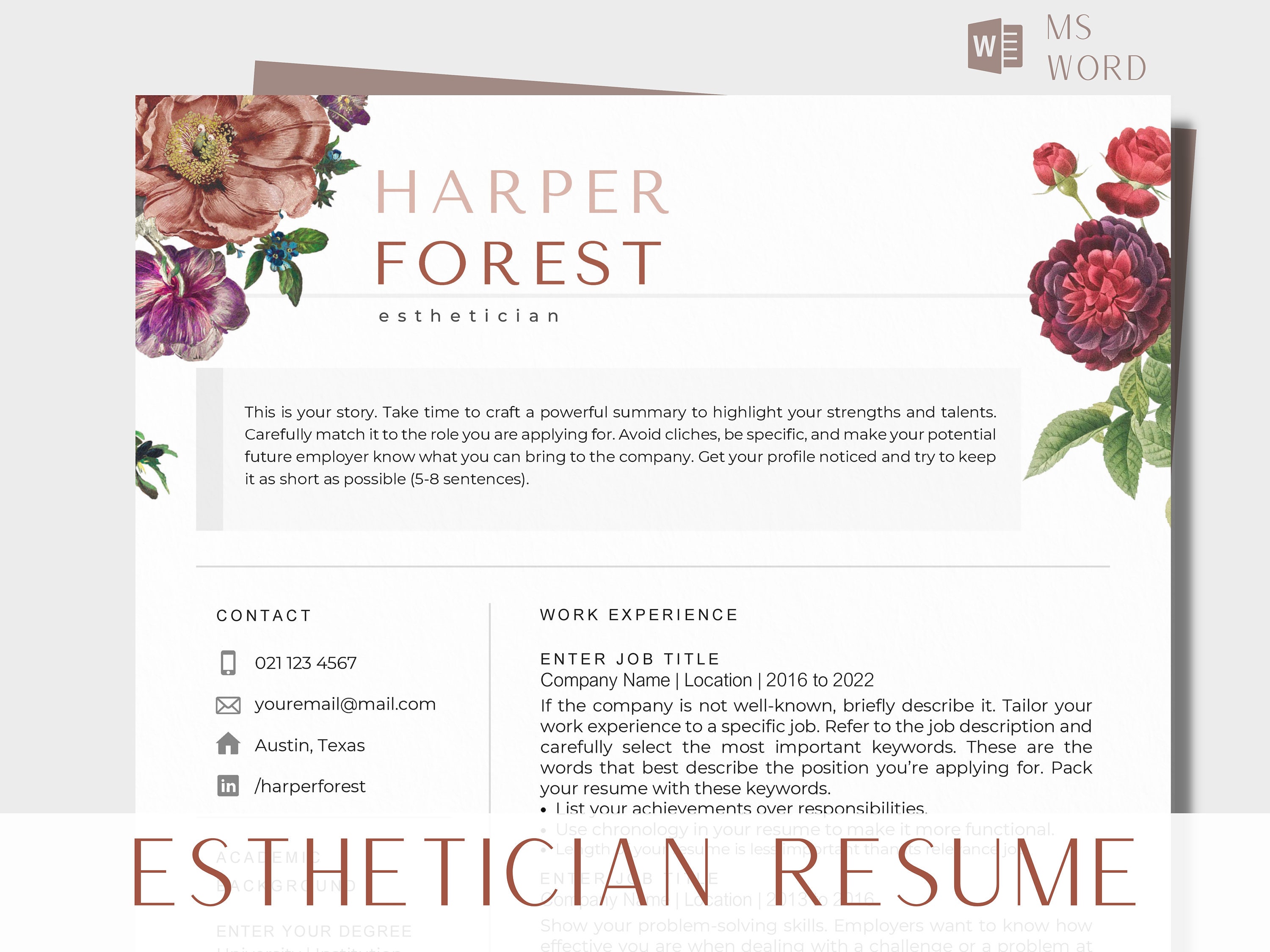 Esthetician Resume Template Word Floral Resume Feminine CV Resume Esthetician Resume Template Word Floral Resume Feminine CV Resume