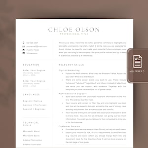 Puede incluir: Una plantilla de currículum en formato Microsoft Word. La plantilla incluye secciones para educación, idiomas, habilidades técnicas y habilidades relevantes. La plantilla también incluye consejos para escribir un currículum y crear un perfil profesional.