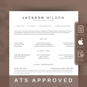 May include: A resume template with the title "ATS Approved" in large, bold letters. The template is designed for pilots and includes sections for skills, flight time, and flight experience. The template is available in Microsoft Word, Pages, and Google Docs.