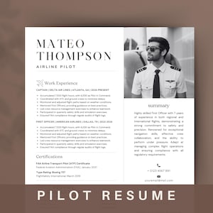 Plantilla de CV de piloto, paquete de aplicaciones de aviación, plantilla de CV de piloto de aerolínea, currículum de piloto profesional, carta de presentación moderna y referencias