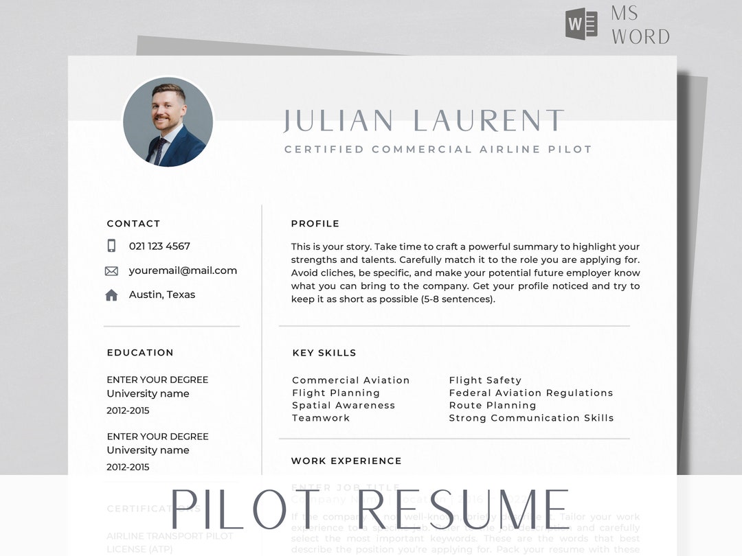 Pilot Resume Template Aviation Resume With Cover Letter - Etsy