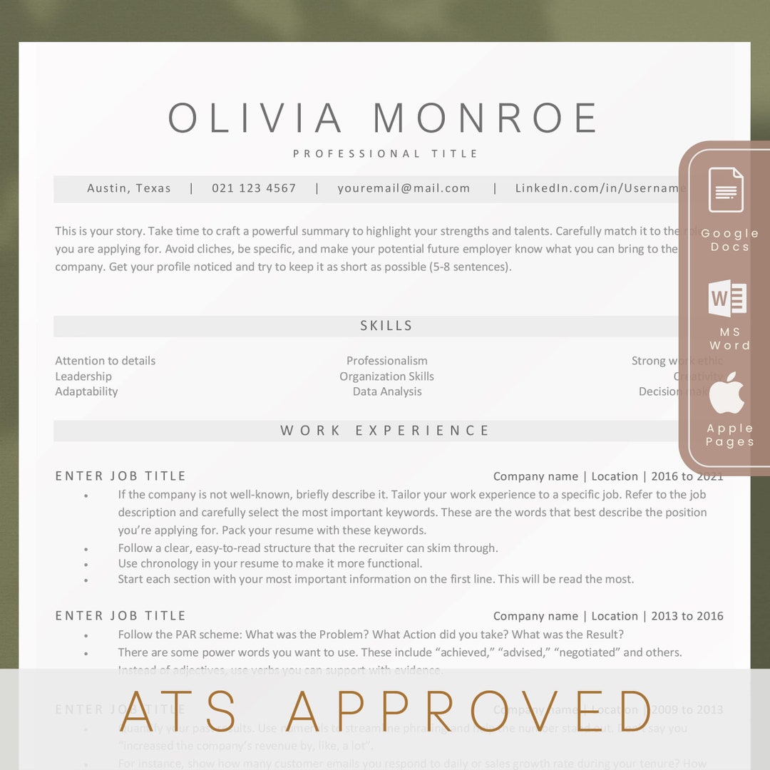 ATS Resume Template Google Docs, Pages, Word, Minimalist ATS CV
