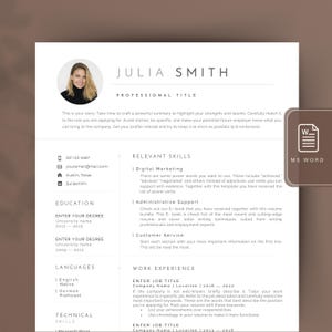 Op de afbeelding: Een cv-sjabloon in een lichtbruine kleurstelling met een professionele foto van een vrouw. Het cv bevat secties voor opleiding, werkervaring, vaardigheden en talen. De tekst "MS WORD" staat in een bruin vak in de rechterbovenhoek van de pagina.