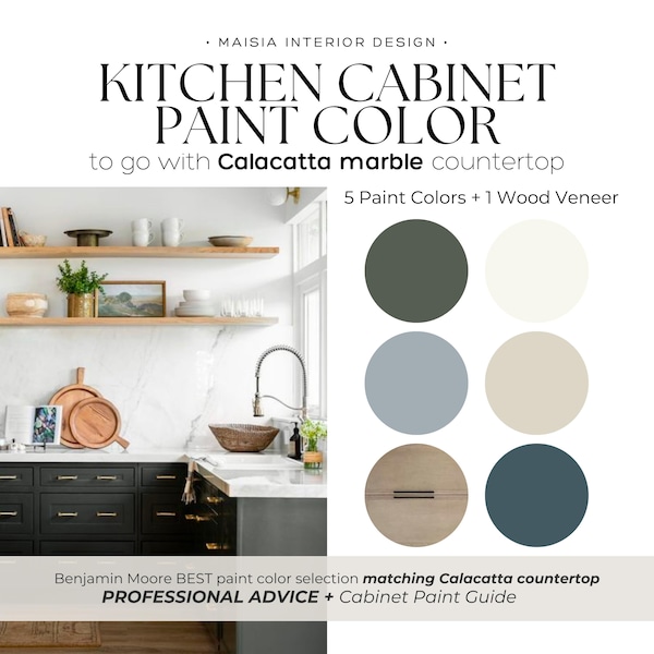 KITCHEN CABINET paint color palette goes with CALACATTA marble, Benjamin Moore cabinet color scheme, kitchen remodel, kitchen color combo