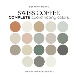 SWISS COFFEE Benjamin Moore Color Palette, Whole house paint palette, Swiss Coffee paint color palette Swiss Coffee coordinating color