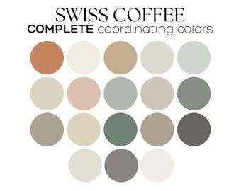 SWISS COFFEE Benjamin Moore Color Palette, Whole house paint palette, Swiss Coffee paint color palette Swiss Coffee coordinating color