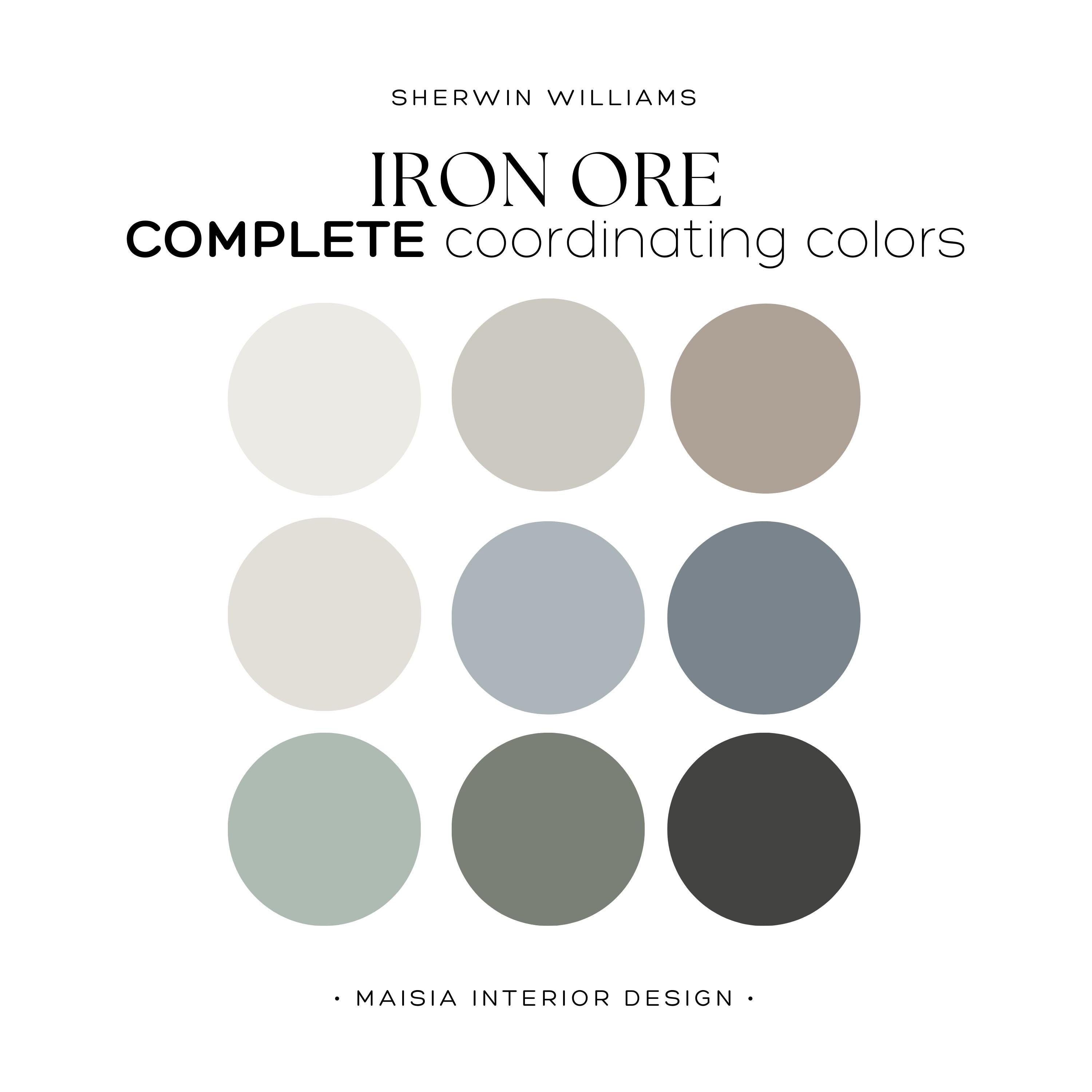 IRON ORE whole house paint palette Sherwin Williams color palette of the year 2025 modern neutral paint palette for calm and serene home