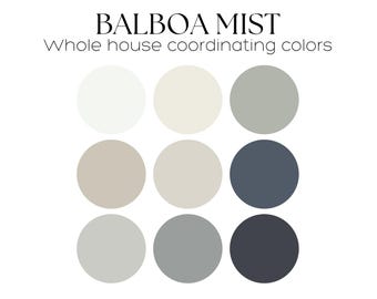 Puede incluir: Una paleta de colores con nueve tonos de gris, blanco y azul. Los colores están dispuestos en una cuadrícula de tres filas y tres columnas. El texto "BALBOA MIST" y "Whole house coordinating colors" se muestra encima de la paleta de colores. El texto "BENJAMIN MOORE" se muestra encima del texto "BALBOA MIST". El texto "MAISIA INTERIOR DESIGN" se muestra debajo de la paleta de colores.