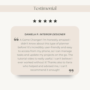 K&ouml;nnte beinhalten: Testimonial von Daniela P., einer Innenarchitektin, die einen benutzerfreundlichen Planer lobt. Sie sagt, es sei ein Game Changer und sie k&ouml;nne nicht glauben, dass sie jemals ohne gearbeitet hat. Sie empfiehlt ihn w&auml;rmstens.