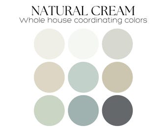 May include: A color palette featuring nine Benjamin Moore paint colors, titled "Natural Cream Whole House Coordinating Colors". The colors include shades of white, beige, green, and gray.
