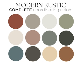 May include: A color palette featuring 12 Sherwin-Williams paint colors, labeled "Modern Rustic Complete coordinating colors". The colors include shades of brown, green, gray, and beige.