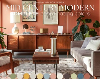 Palette di colori Mid Century Modern Benjamin Moore / Schema di pittura per tutta la casa con tonalità neutre calde, ocra e marroni terrosi.