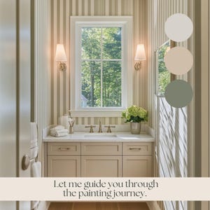 May include: A bathroom vanity with a white countertop and beige cabinets. The vanity has a single sink with gold faucets and a window above it. The walls are covered in striped wallpaper and there are two sconces on either side of the window. The image includes a color palette with three shades of beige and one shade of green.
