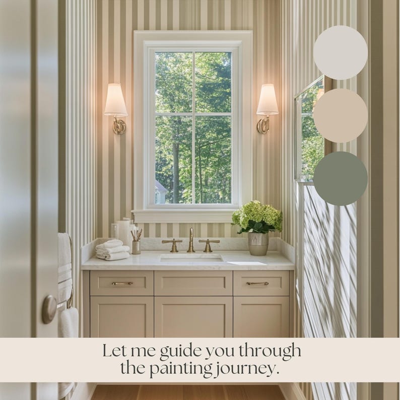 May include: A bathroom vanity with a white countertop and beige cabinets. The vanity has a single sink with gold faucets and a window above it. The walls are covered in striped wallpaper and there are two sconces on either side of the window. The image includes a color palette with three shades of beige and one shade of green.