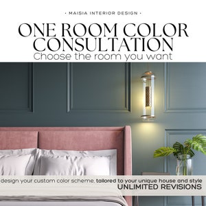 May include: A bedroom with a pink headboard, white bedding, and a green wall with white trim. The text "ONE ROOM COLOR CONSULTATION Choose the room you want" is at the top of the image. The text "I'll design your custom color scheme, tailored to your unique house and style UNLIMITED REVISIONS" is at the bottom of the image.