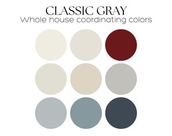 May include: A color palette featuring nine paint colors from Benjamin Moore. The colors include a light gray, a medium gray, a dark gray, a light blue, a medium blue, a dark blue, a light beige, a medium beige, and a dark red.