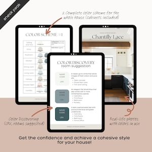 May include: A guide to choosing paint colors for a home, featuring a color scheme called "Chantilly Lace" with a photo of a kitchen with white cabinets and teal trim. The guide includes a color discovery section with suggested room colors and their light reflectance values (LRV).