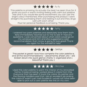 May include: Five-star reviews for a color palette. The reviews highlight the ease of use, the quality of the color recommendations, and the overall satisfaction of the customers. The reviews are from customers named Re Re, Patty, Carolyn, and Christina.