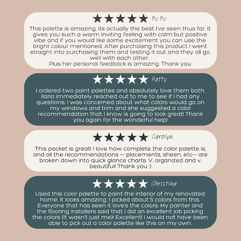 May include: Five-star reviews for a color palette. The reviews highlight the ease of use, the quality of the color recommendations, and the overall satisfaction of the customers. The reviews are from customers named Re Re, Patty, Carolyn, and Christina.