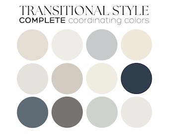 May include: A color palette featuring 9 different shades of white, gray, and blue. The palette is titled "Transitional Style Complete Coordinating Colors" and is by Sherwin-Williams. The palette is labeled "Maisia Interior Design".